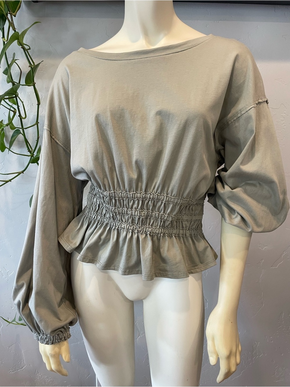 New lightweight 100% cotton Smocked Waist Peplum peasant Sleeve Top - Sage S/M